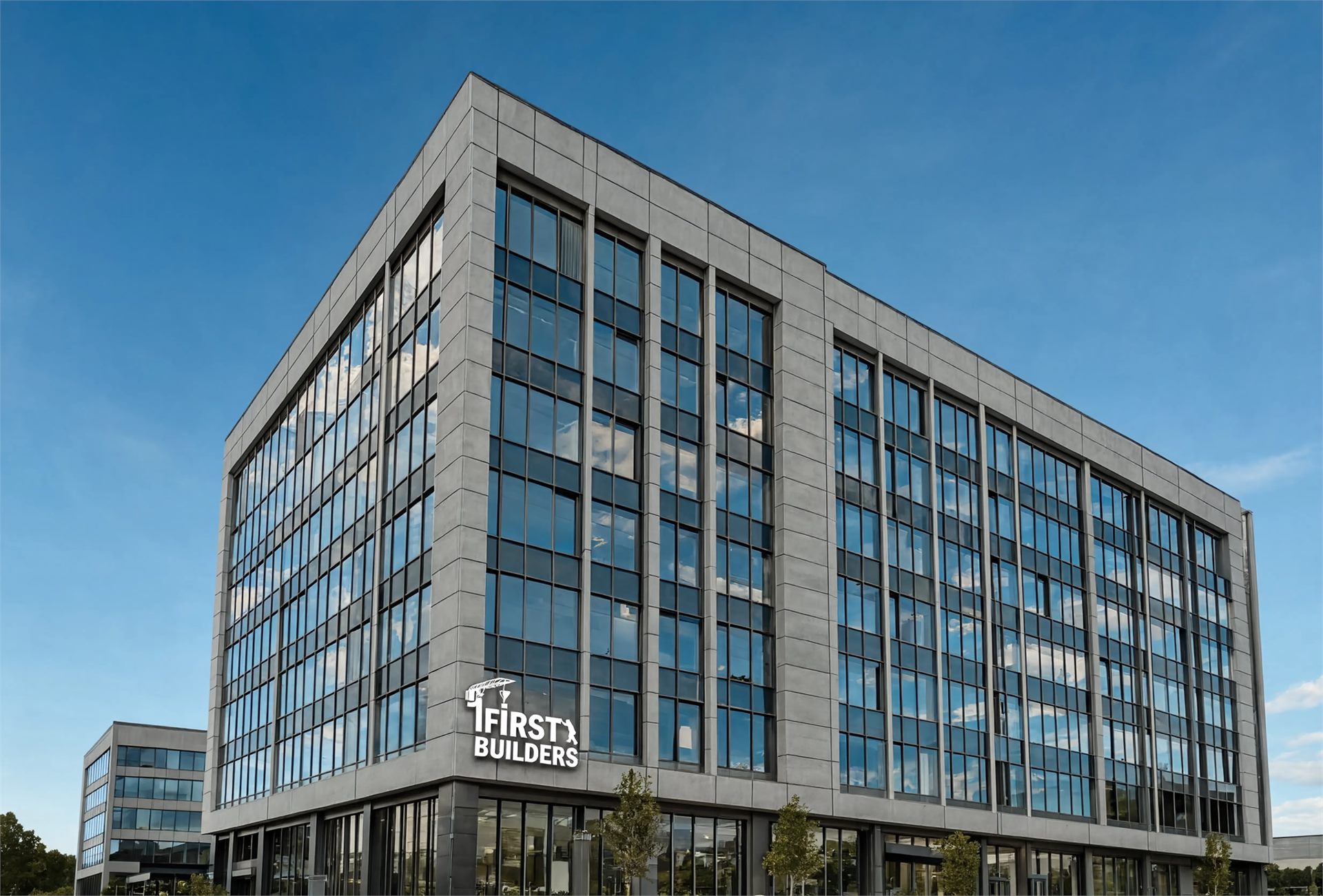 A completed First Builders commercial building in daylight
